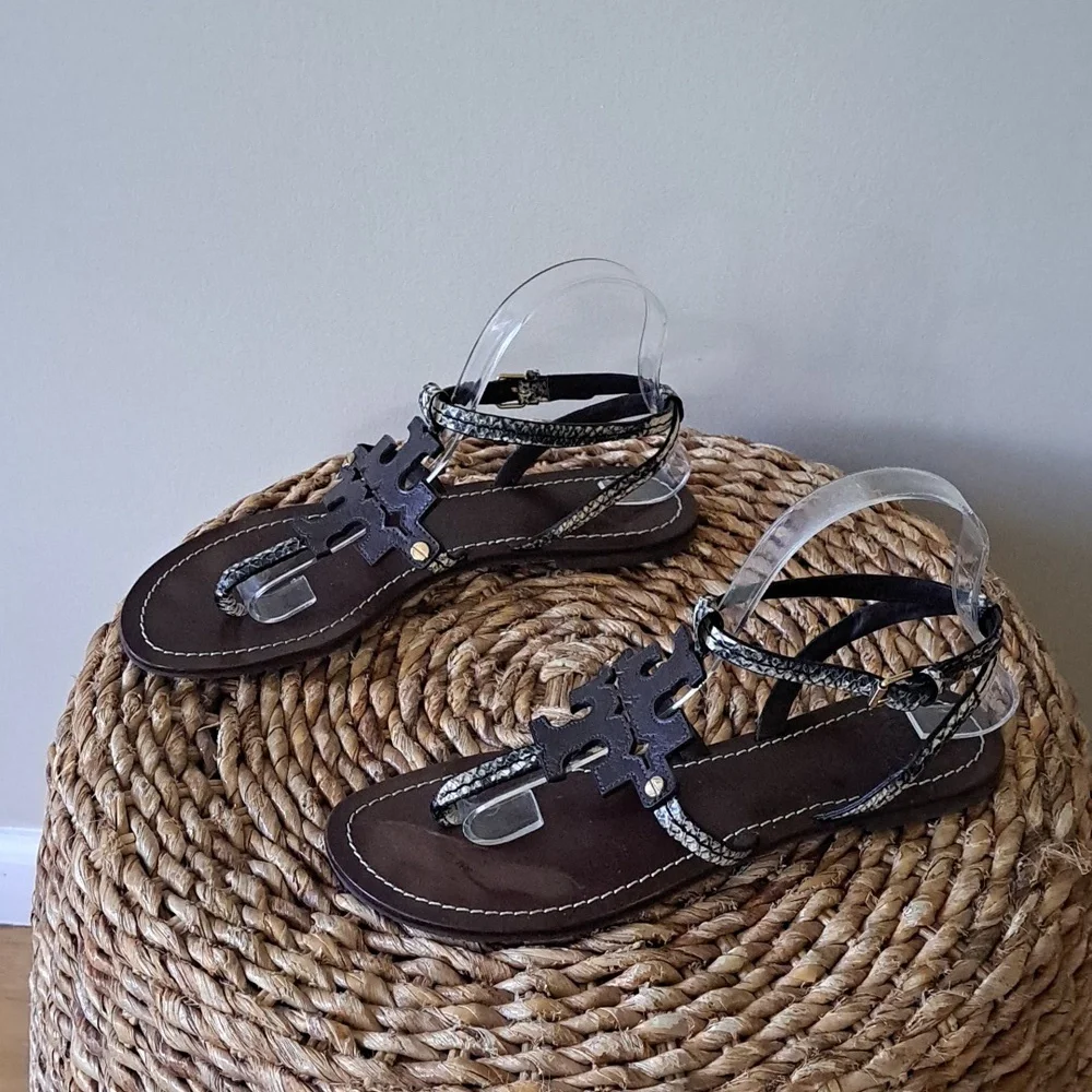 Tory Burch Womens Chandler Snakeskin‎ Print Leather Slingback Flat Sandals S-7.5